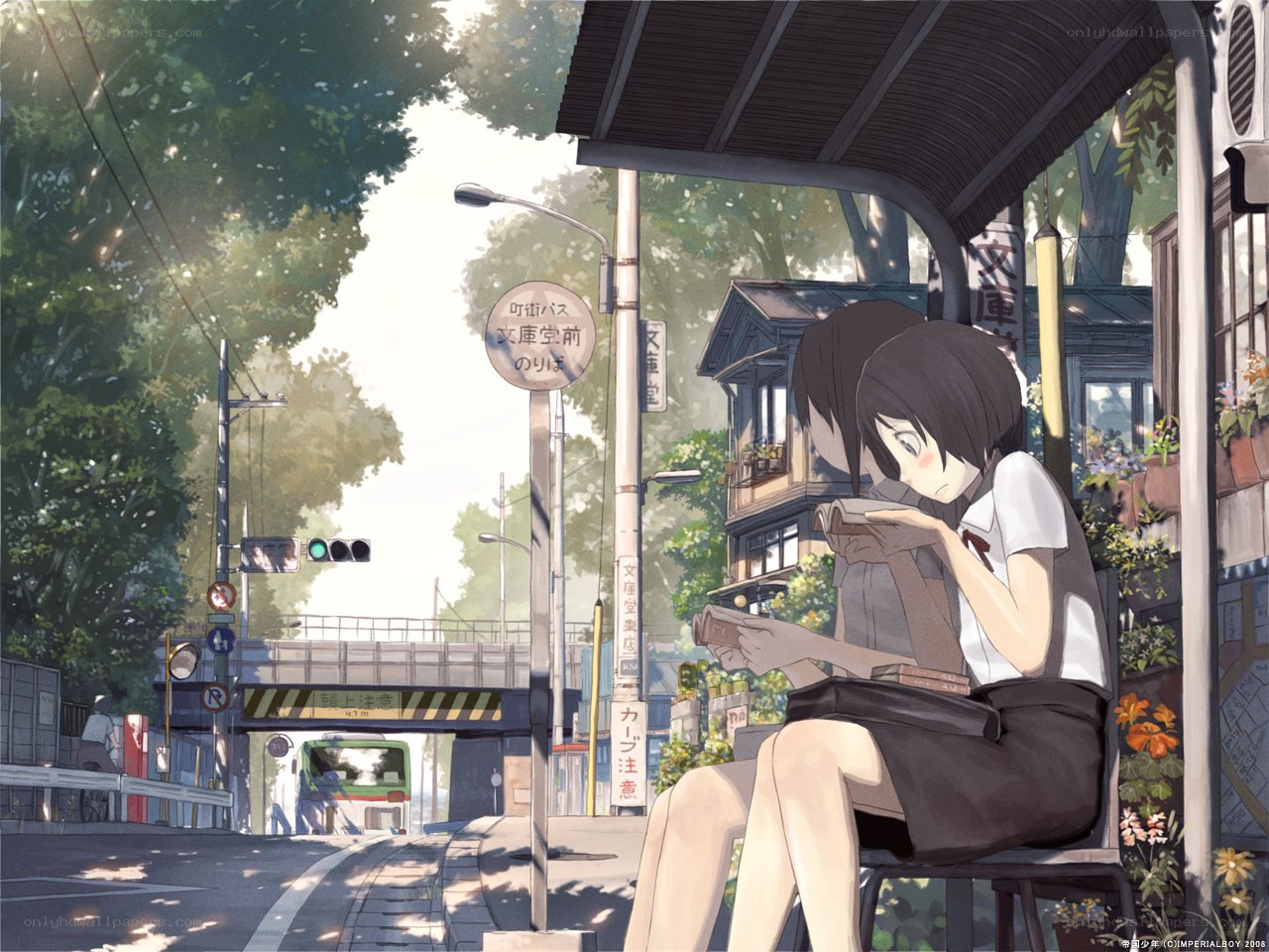 Girl reading at a bus stop