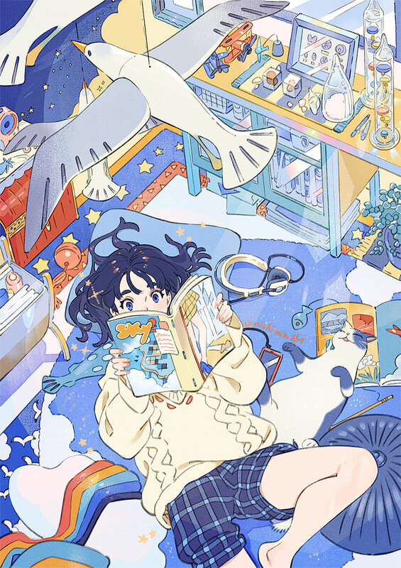 Girl Reading Book — Blue, Calm