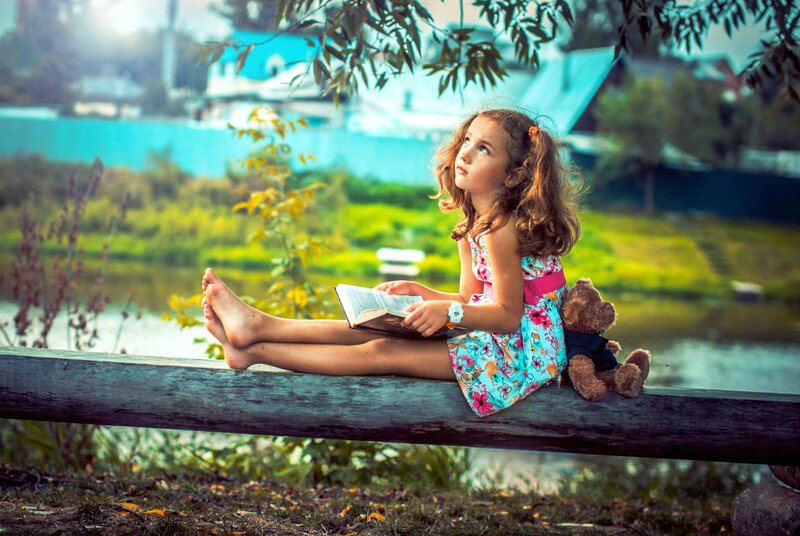 Girl Reading Book — Blue, Serene, Afternoon, Photograph, Teddy Bear, River