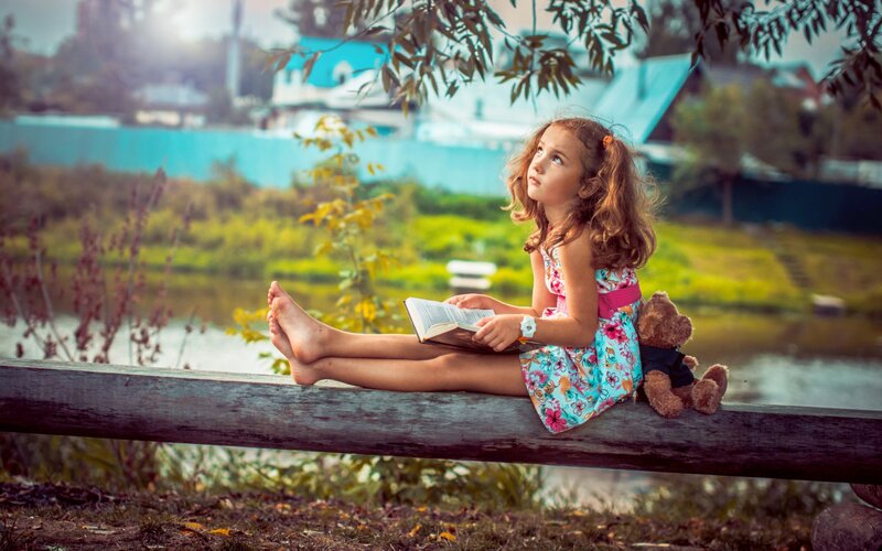 Girl Reading Book — Blue, Serene, Afternoon, Photograph, Teddy Bear