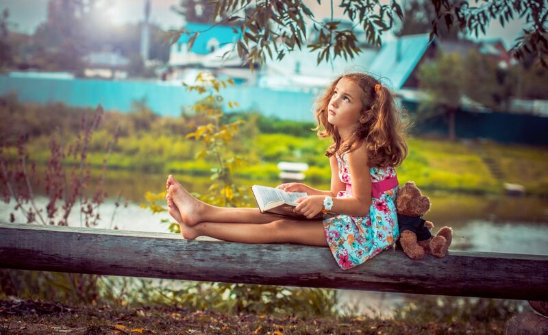 Girl Reading Book — Blue, Serene, Afternoon, Photograph