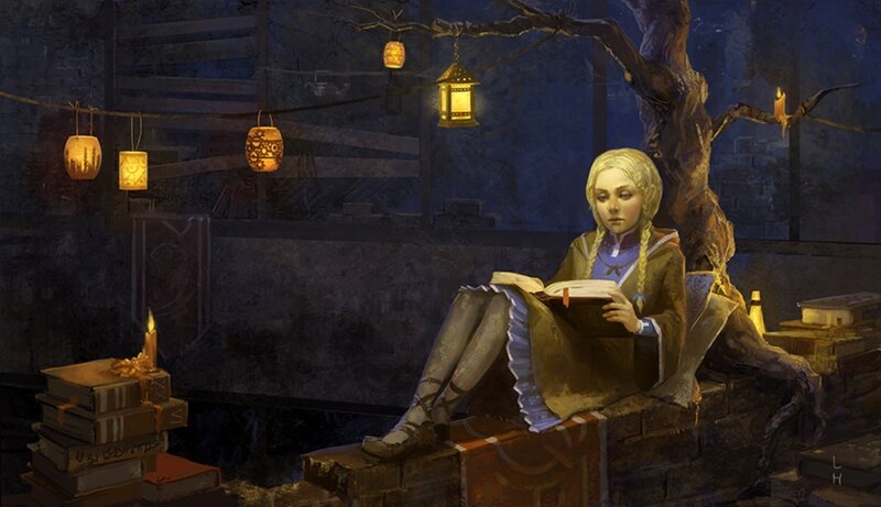 Girl Reading Book — Blue, Serene, Night