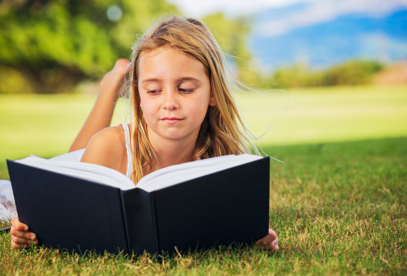Girl Reading Book — Green, Serene, Afternoon, Photograph, Grass, Trees
