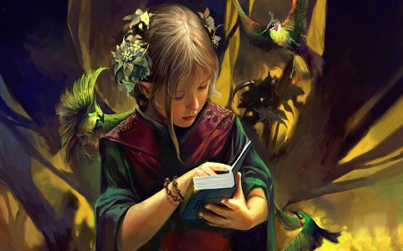 Girl Reading Book — Green, Serene, Night
