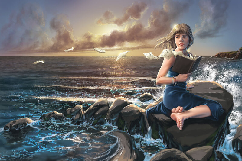 Girl Reading Book on Rock