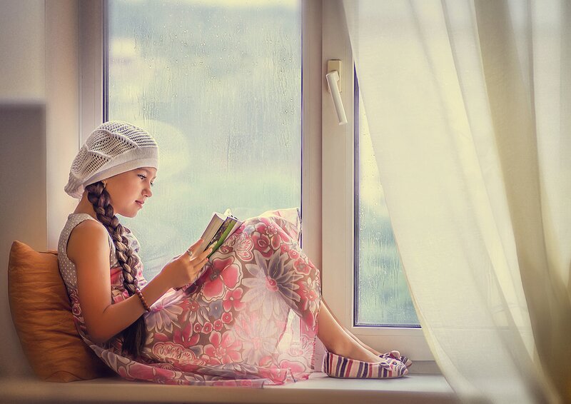 Girl Reading Book — Pink, Serene, Afternoon
