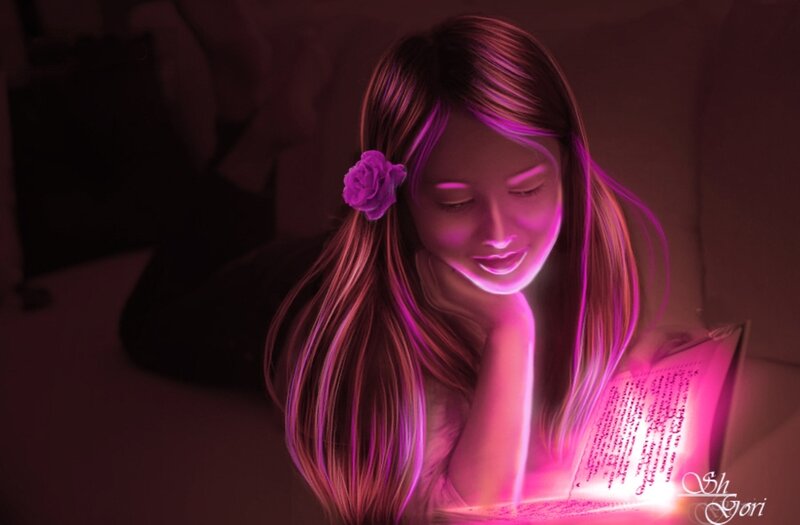 Girl Reading Book — Pink, Serene, Night