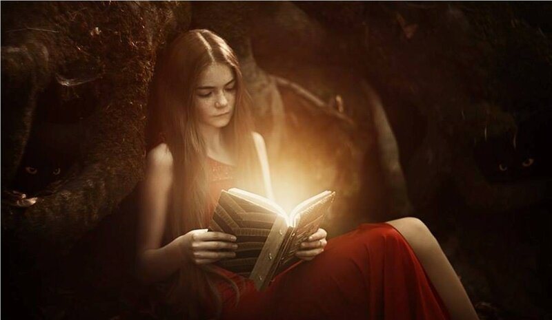 Girl Reading Book — Red, Dramatic