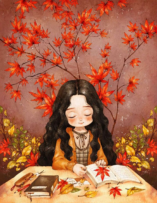 Girl Reading Book — Red, Serene, Autumn
