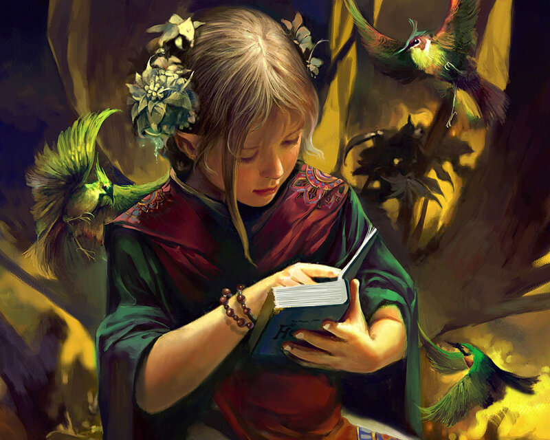 girl reading book with birds