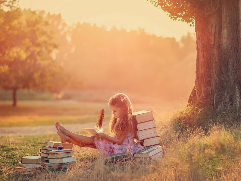 Girl Reading Books — Golden