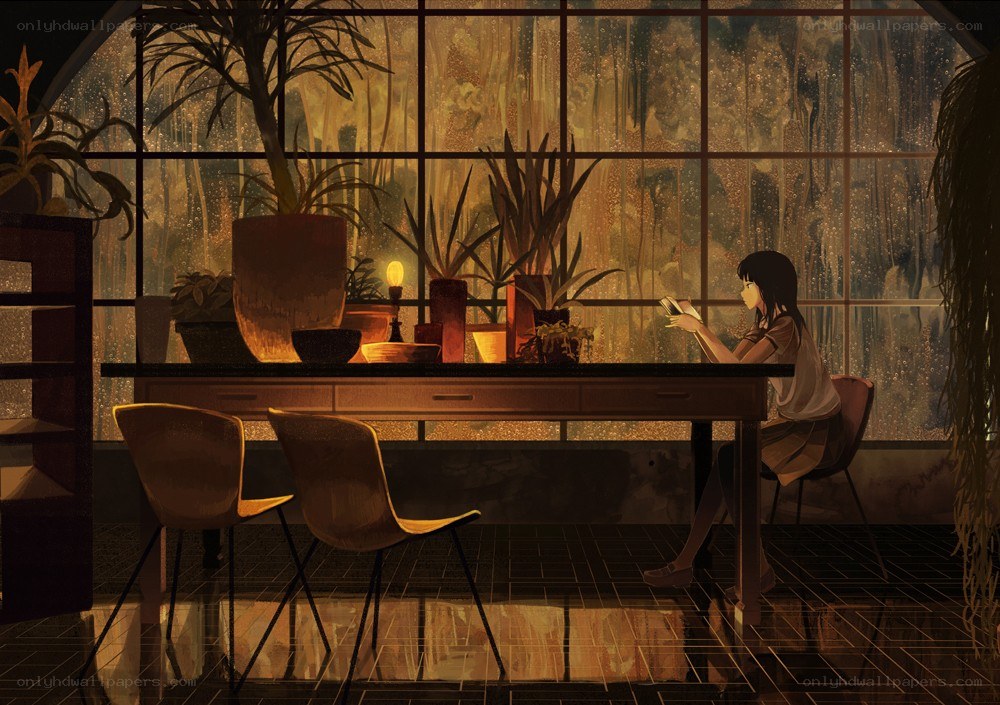 Girl reading by a rainy window