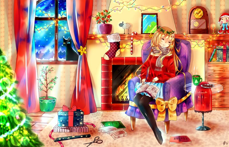 Girl Reading by Fireplace