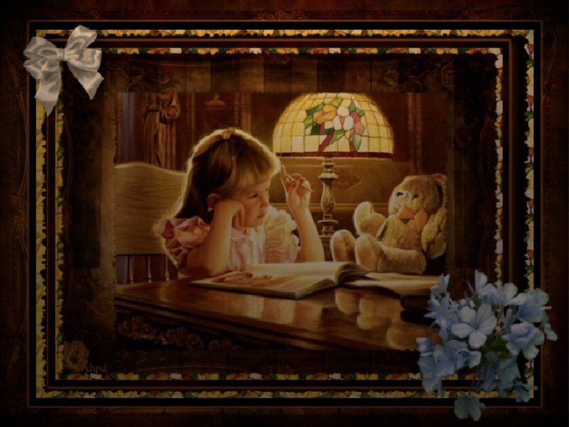 Girl reading by lamp