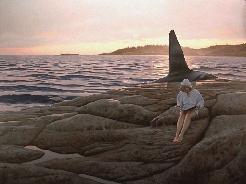 Girl reading by whale tail