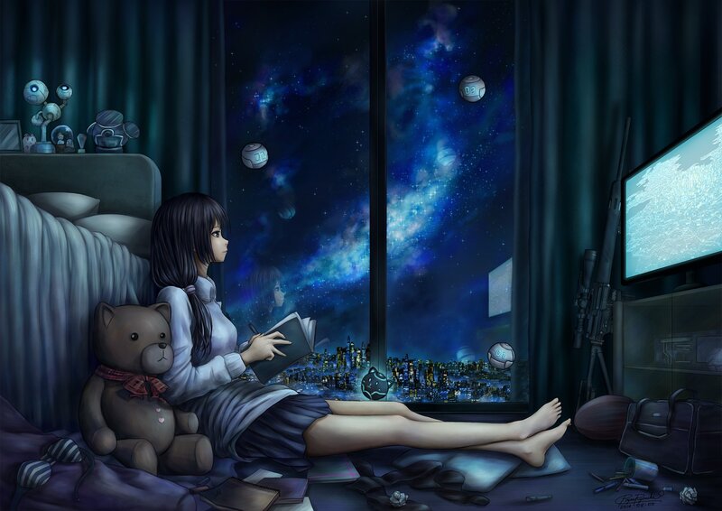 Girl Reading by Window — Blue