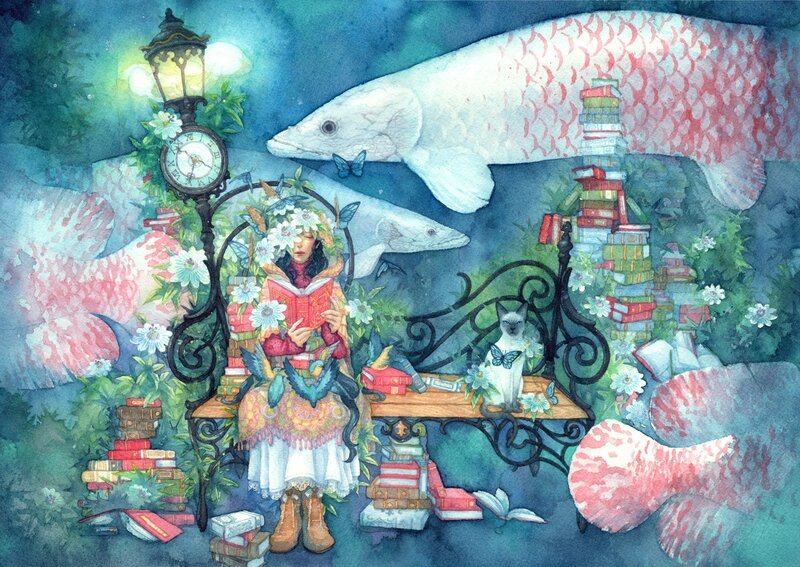 Girl reading in a dreamy garden