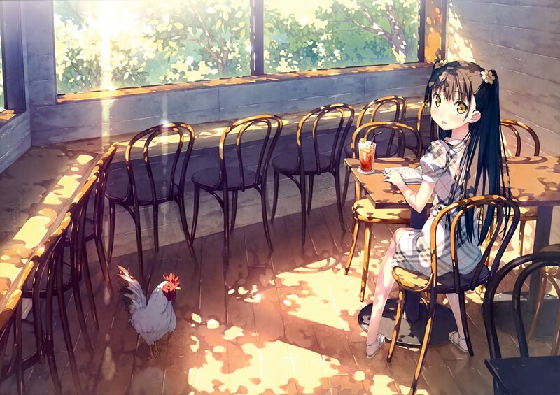 Girl reading in a sunlit cafe