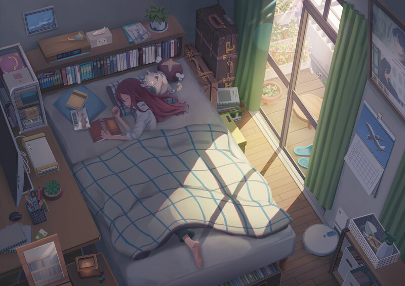 Girl Reading in Bed — Gray
