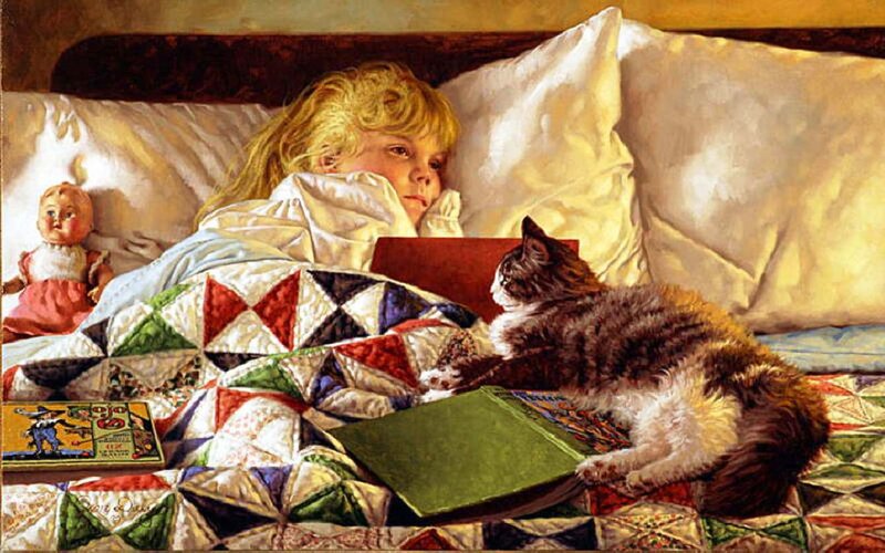 Girl Reading in Bed — White, Peaceful