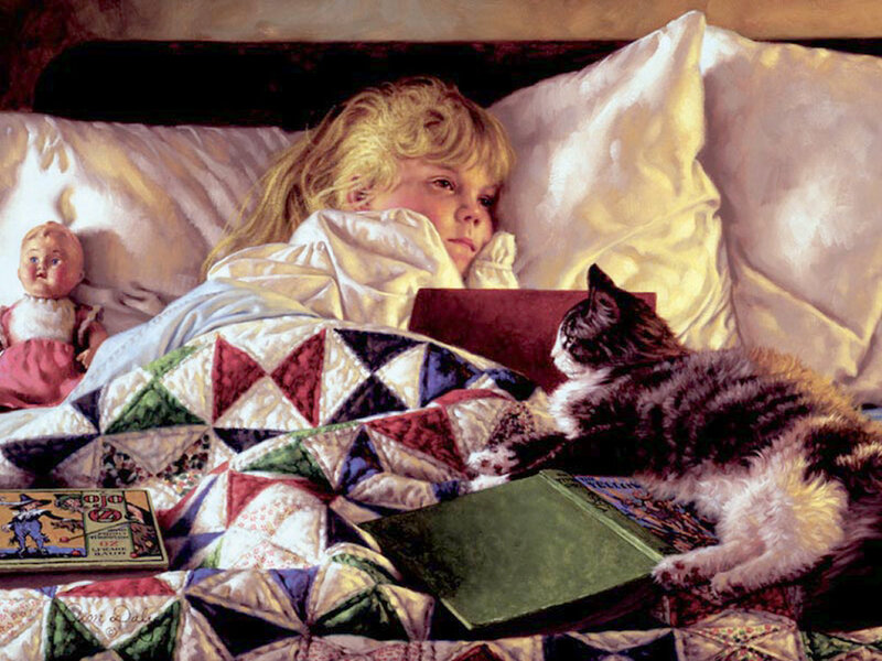 Girl Reading in Bed — White