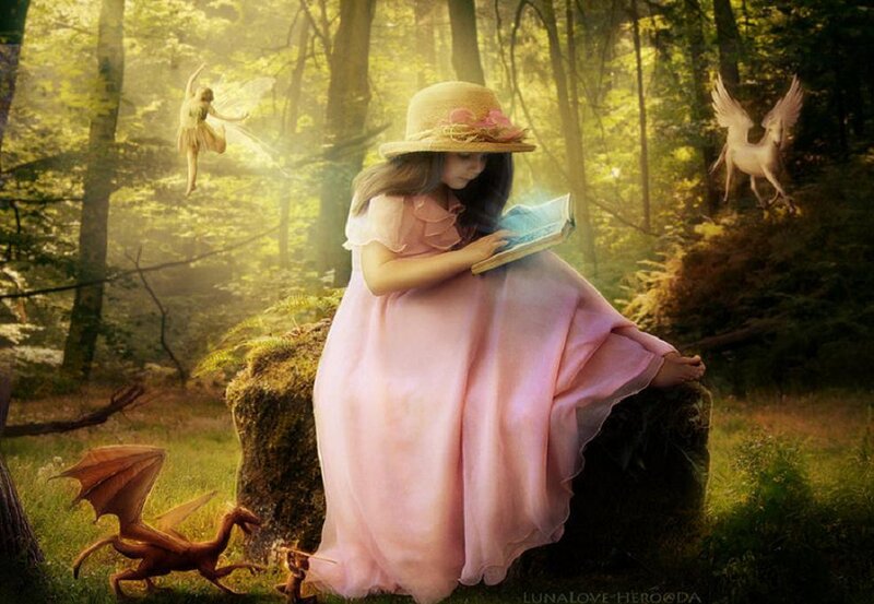 Girl Reading in Forest — Pink