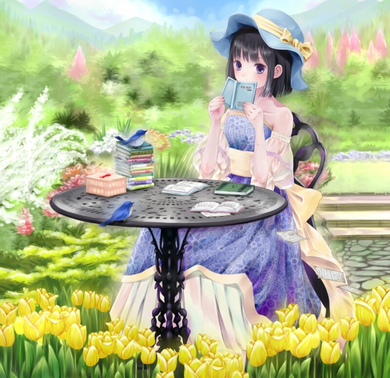 Girl Reading in Garden — Blue