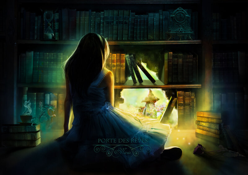 Girl Reading in Library — Blue