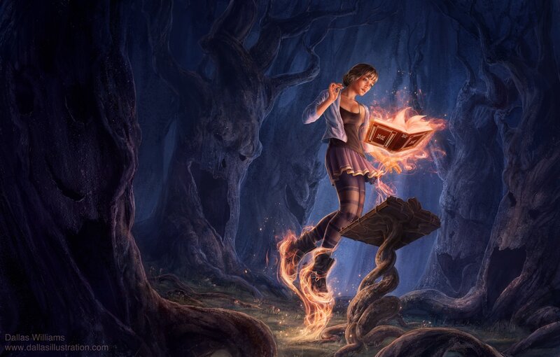 Girl Reading Magical Book — Blue