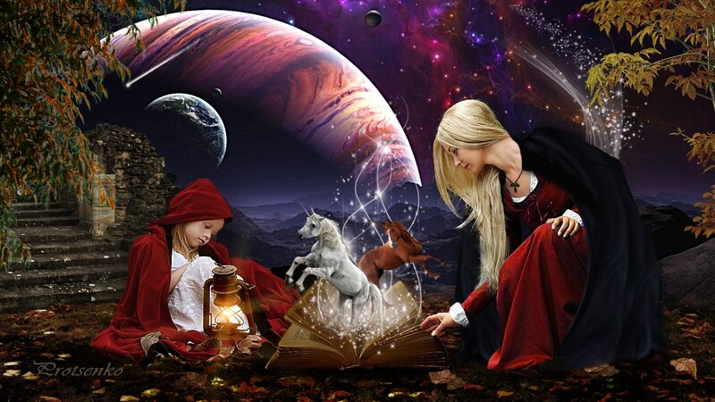 Girl Reading Magical Book — Red