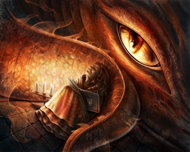 Girl Reading Near Dragon