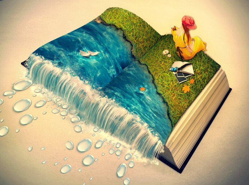 Girl Reading on Book Island