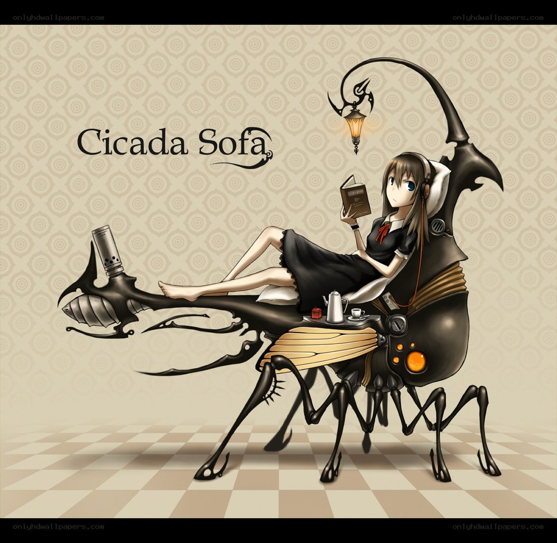 girl reading on insect sofa