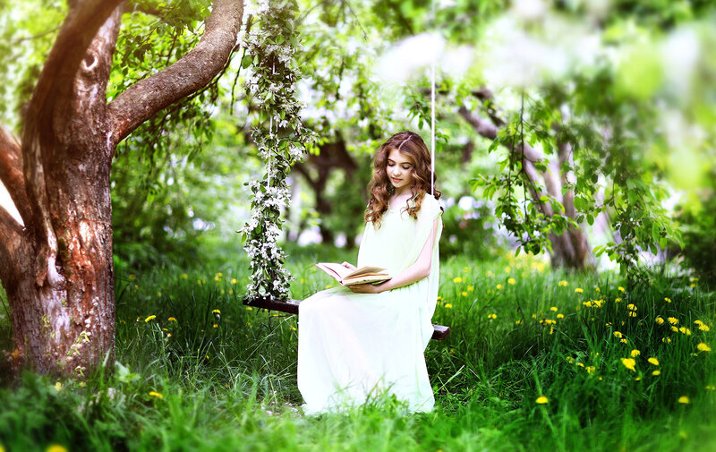 Girl Reading on Swing — Green