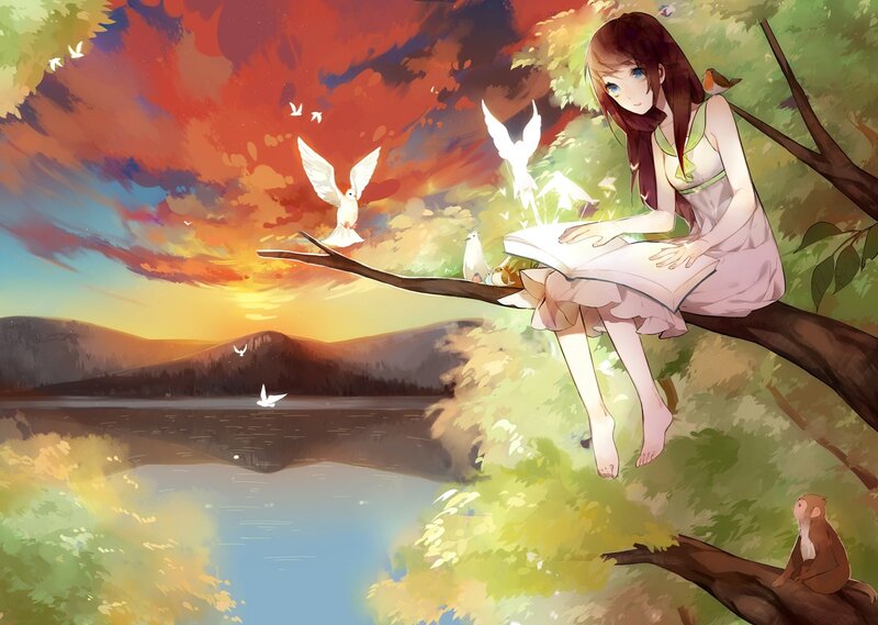 Girl Reading on Tree Branch