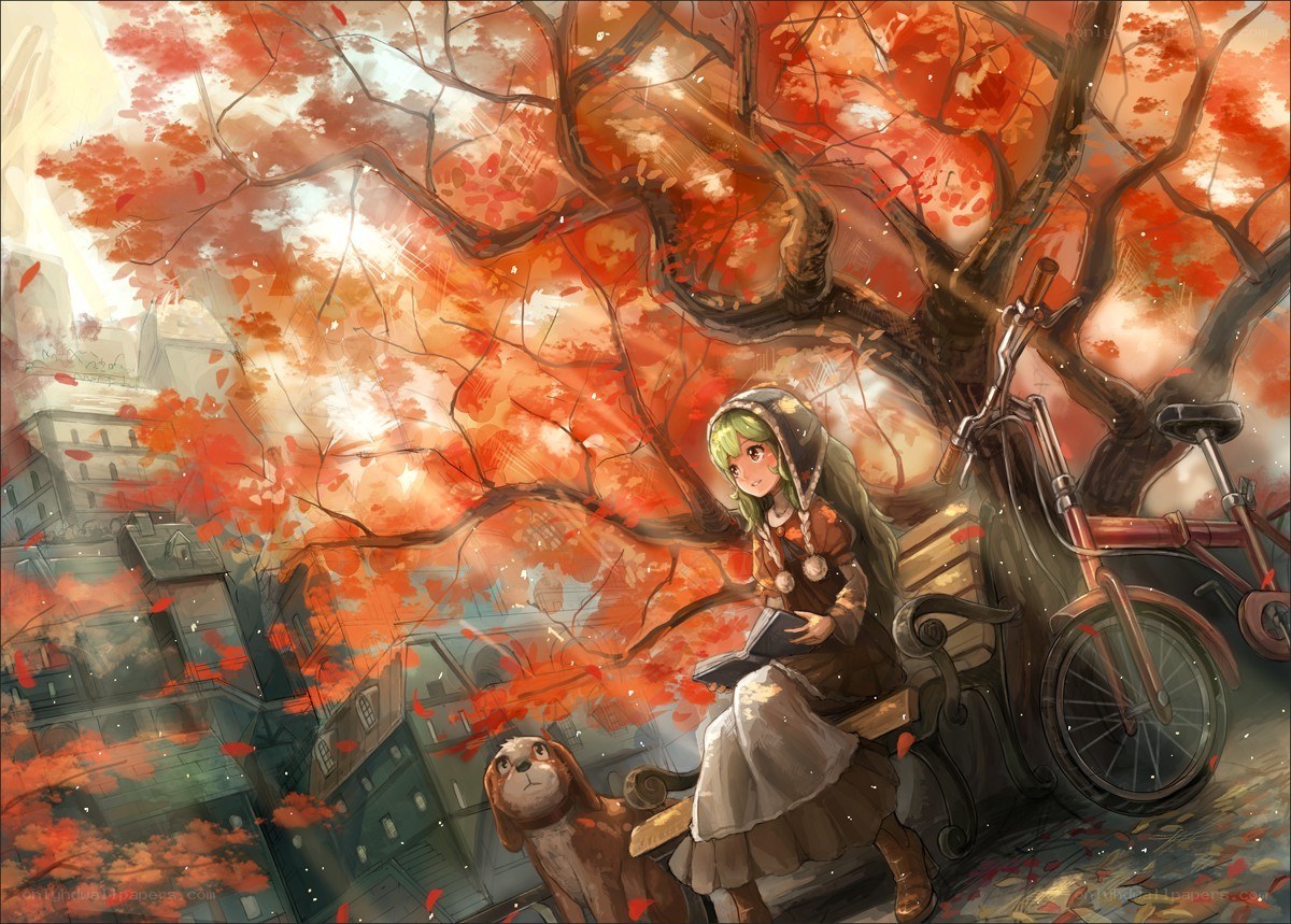 Girl reading under autumn tree