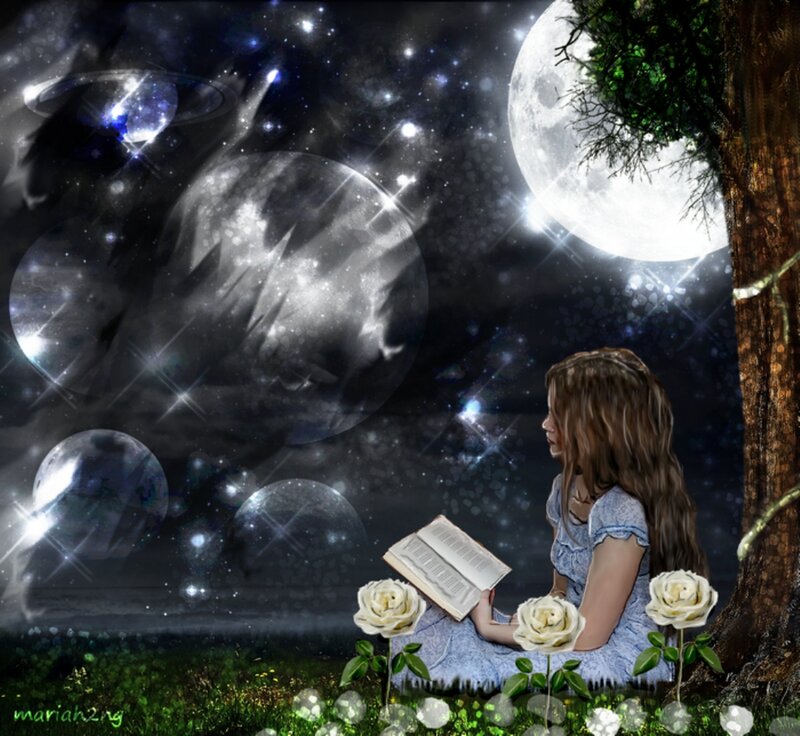 Girl Reading under Moon
