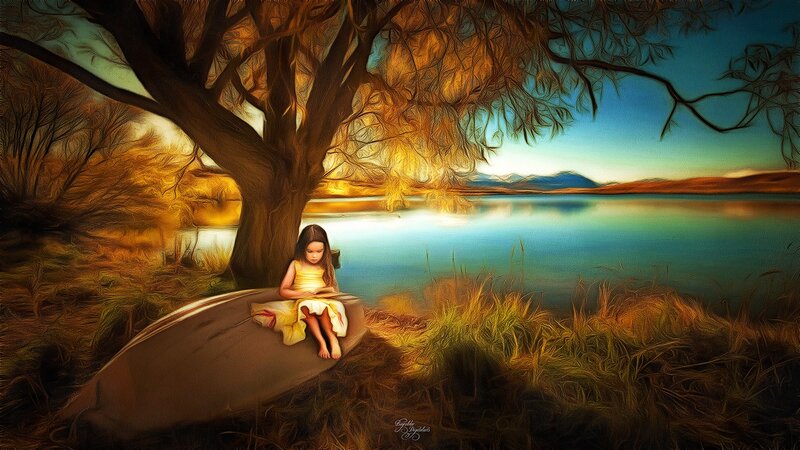 Girl Reading under Tree — Blue