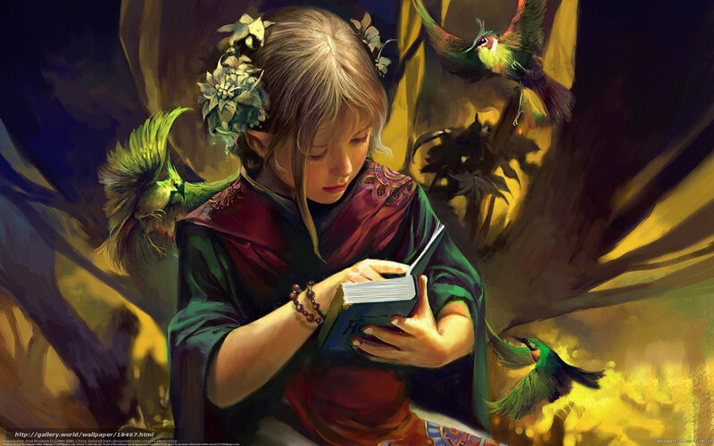 girl reading with birds