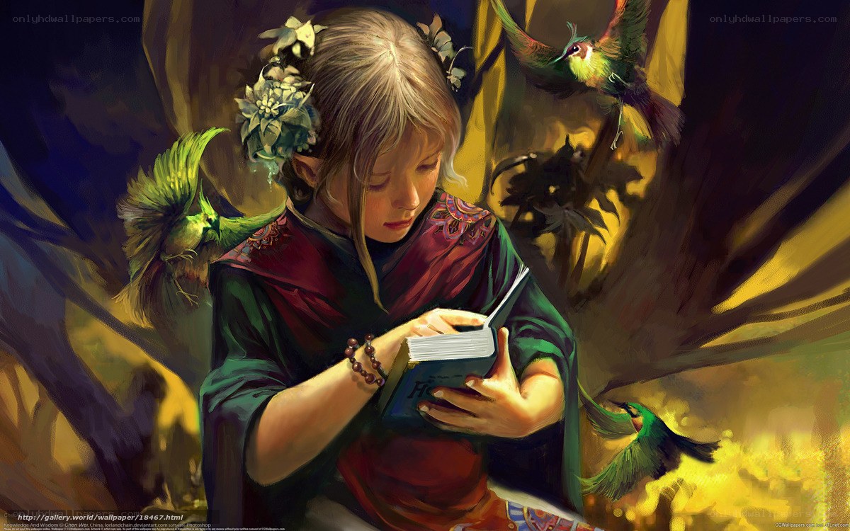 girl reading with birds