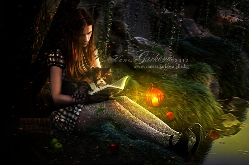 Girl Reading with Cat — Green