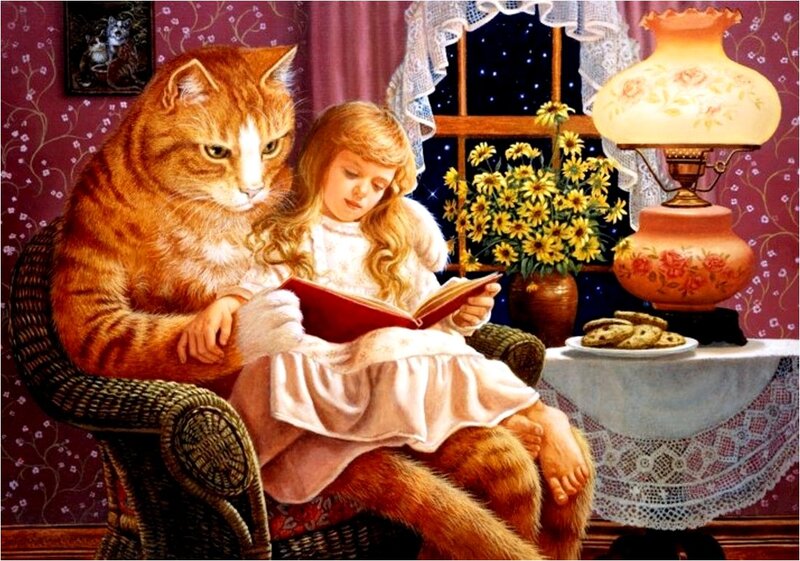 Girl Reading with Cat — Purple