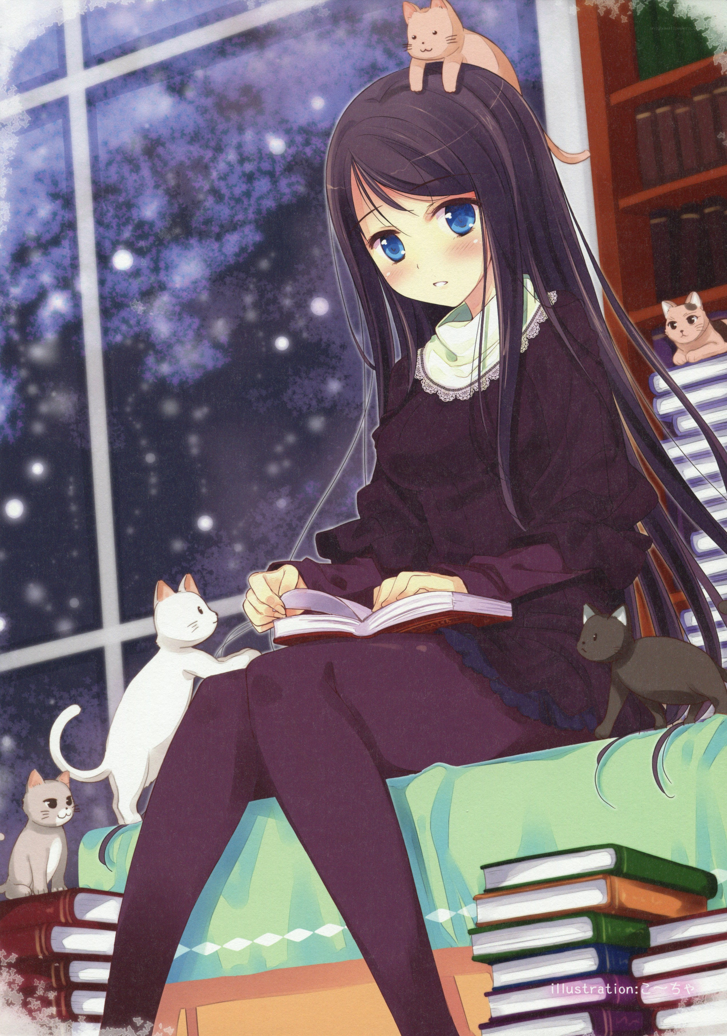 girl reading with cats