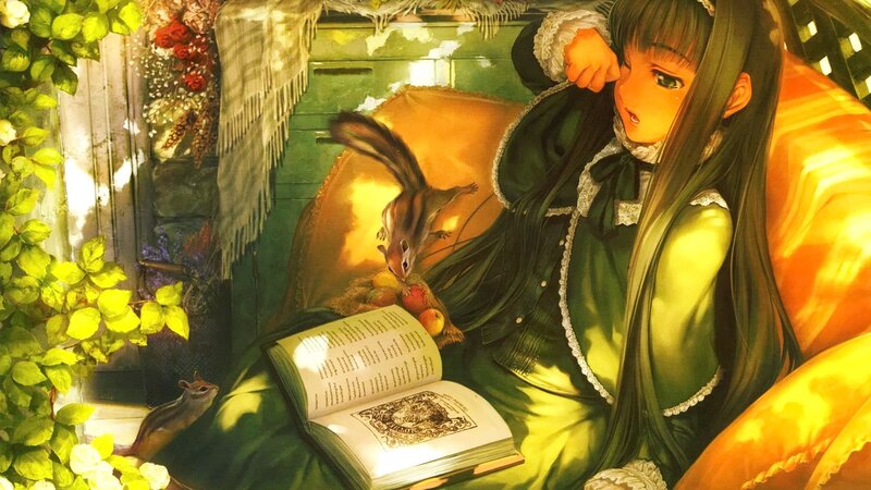 Girl Reading with Chipmunks — Green, Serene