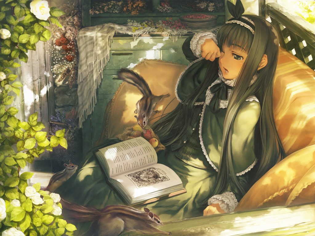 Girl reading with chipmunks
