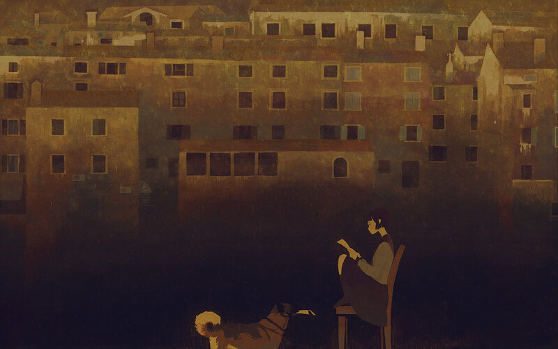Girl reading with dog at night