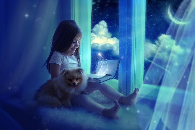 Girl Reading with Dog — Blue