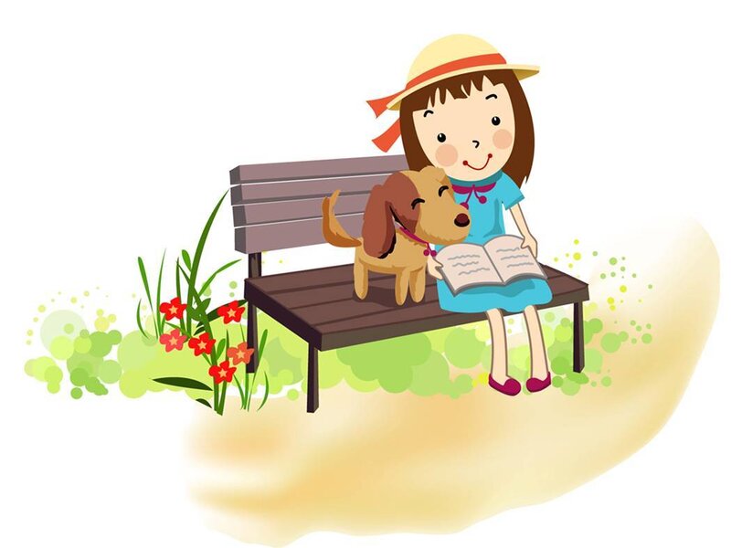 Girl reading with dog on bench