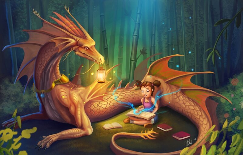 Girl Reading with Dragon