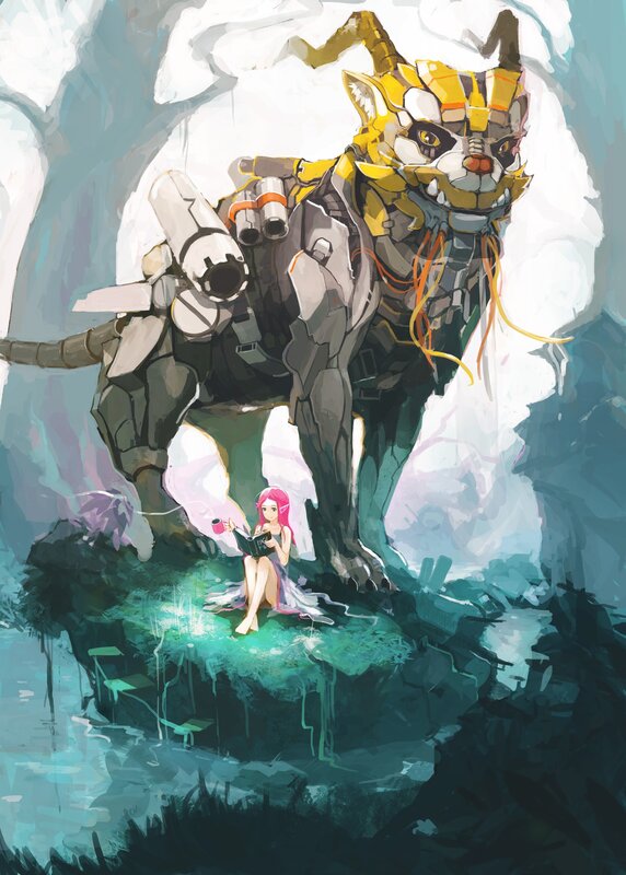 girl reading with robotic tiger
